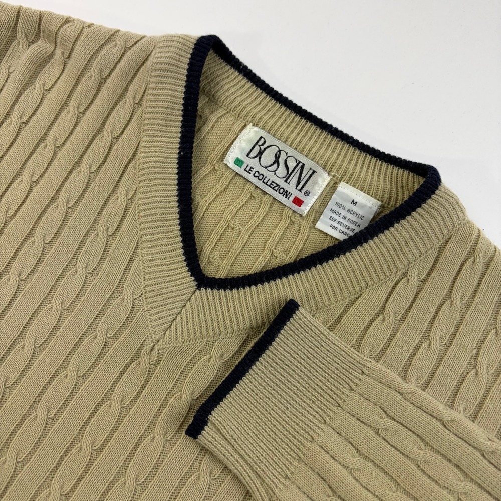 Bossini Le Collezioni Cable Knit Sweater Mens Medium Tan Navy V-Neck Vintage 90s